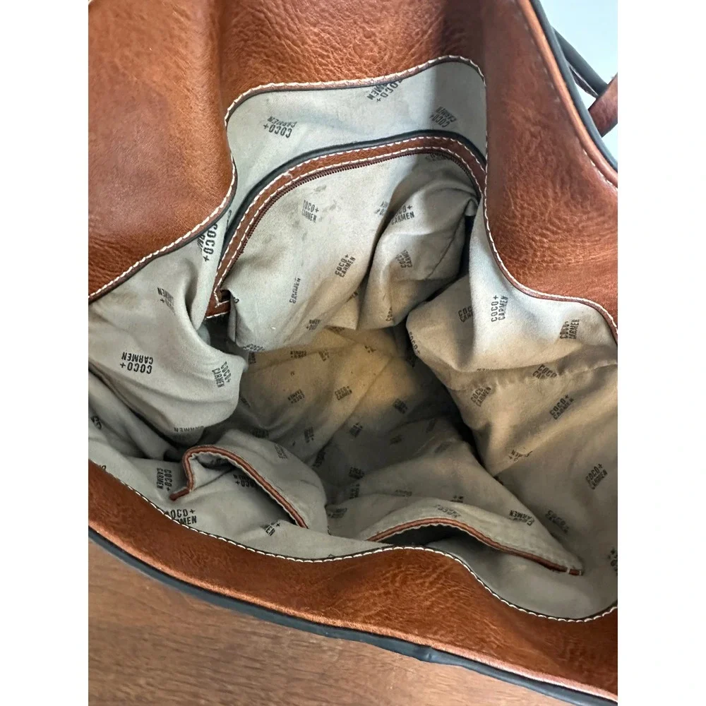 Coco + Carmen Brown Suede Leather Hobo Crossbody Bag Brass Ring Accent